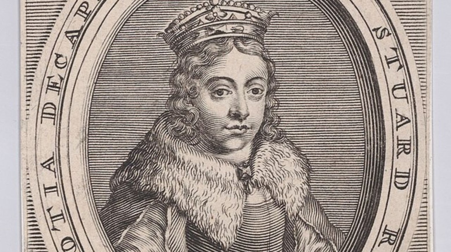A printed portrait of Mary Queen of Scots. She is wearing a crown and cape.