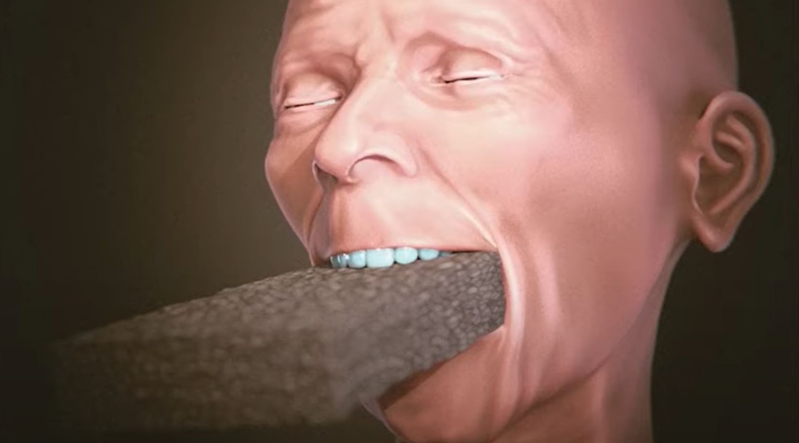 A 3D image of a person with a brick in their mouth.