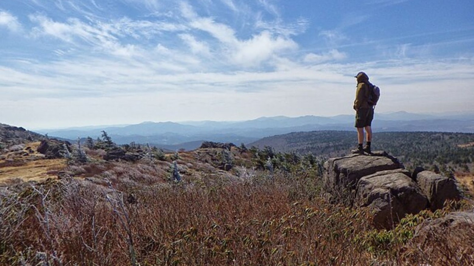 This is a view from the top of the Appalachian Mountains. A man is standing on top of a rock looking down at the rest of the mountains.