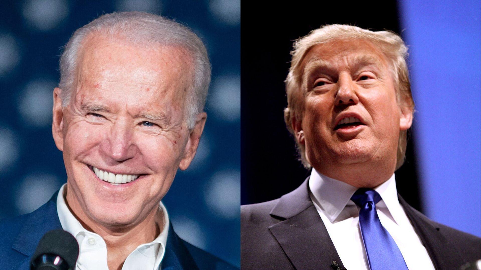 A composite image with President Joe Biden on the left, smiling broadly at the camera, and former President Donald Trump on the right, looking upwards with his mouth open mid-speech. Biden is wearing a dark suit and white shirt, while Trump is in a dark suit with a blue tie