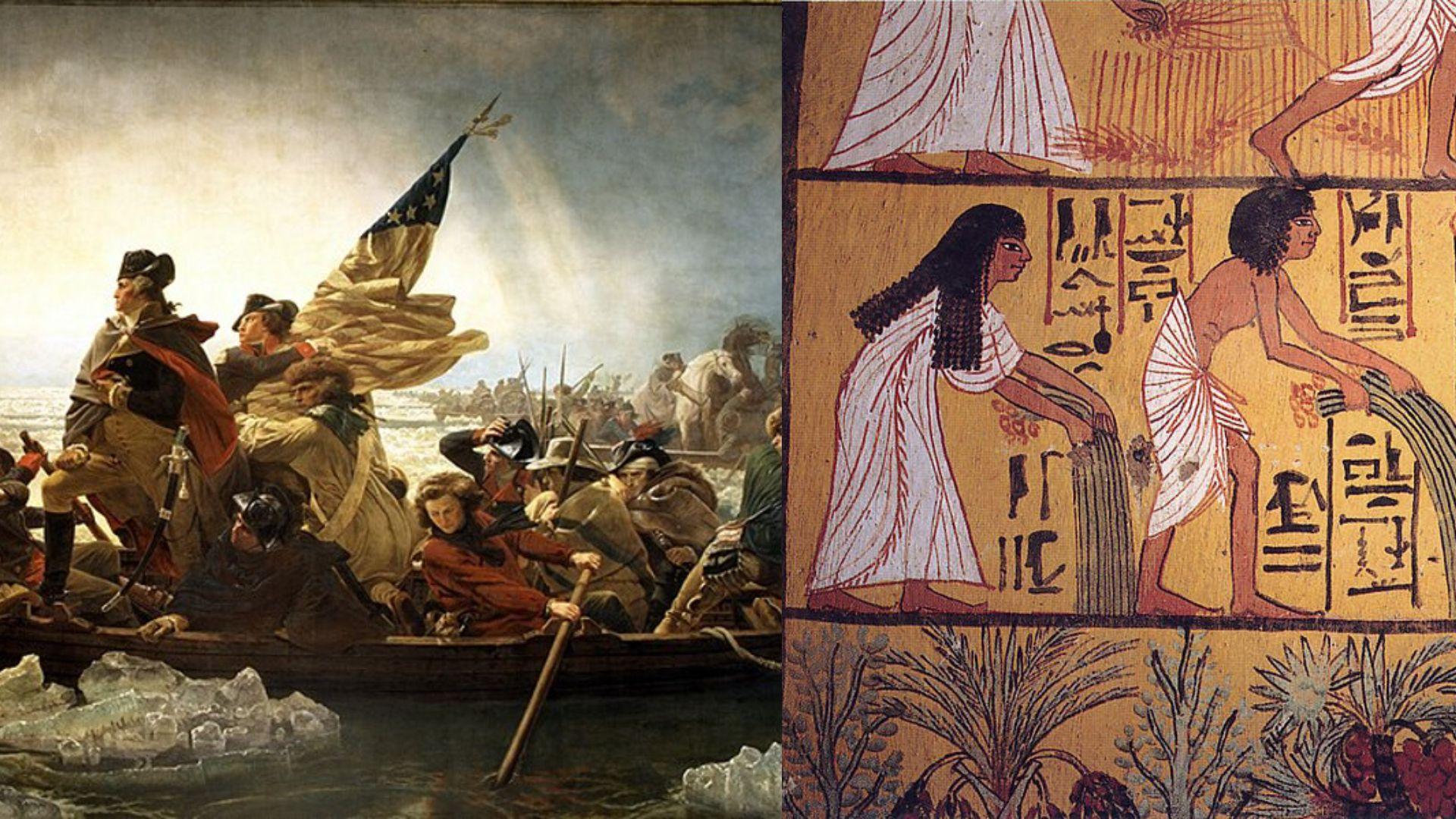 A painting depicting George Washington crossing the Delaware River in 1776/Ancient Egyptians depicted in a drawing harvesting plants