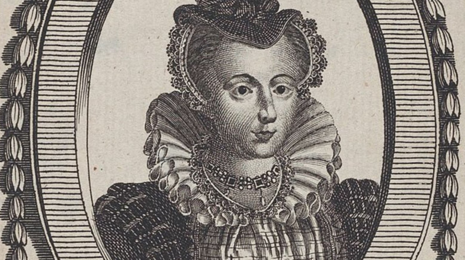 This is a print of Mary Queen of Scotts. It shows her with a headdress and traditional Tudor collar.