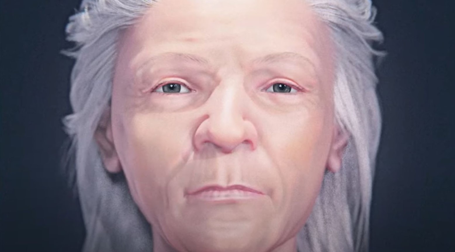 The 3D image of the medieval vampire woman. She has grey hair, a crooked nose, and a pointed chin.