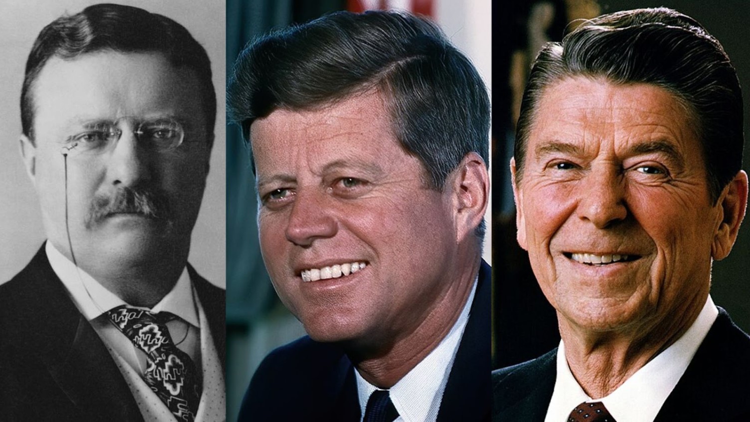 An image of former US President Theodore Roosevelt/a picture of John F. Kennedy in the Oval Office/An image of Ronald Reagan smiling in the White House