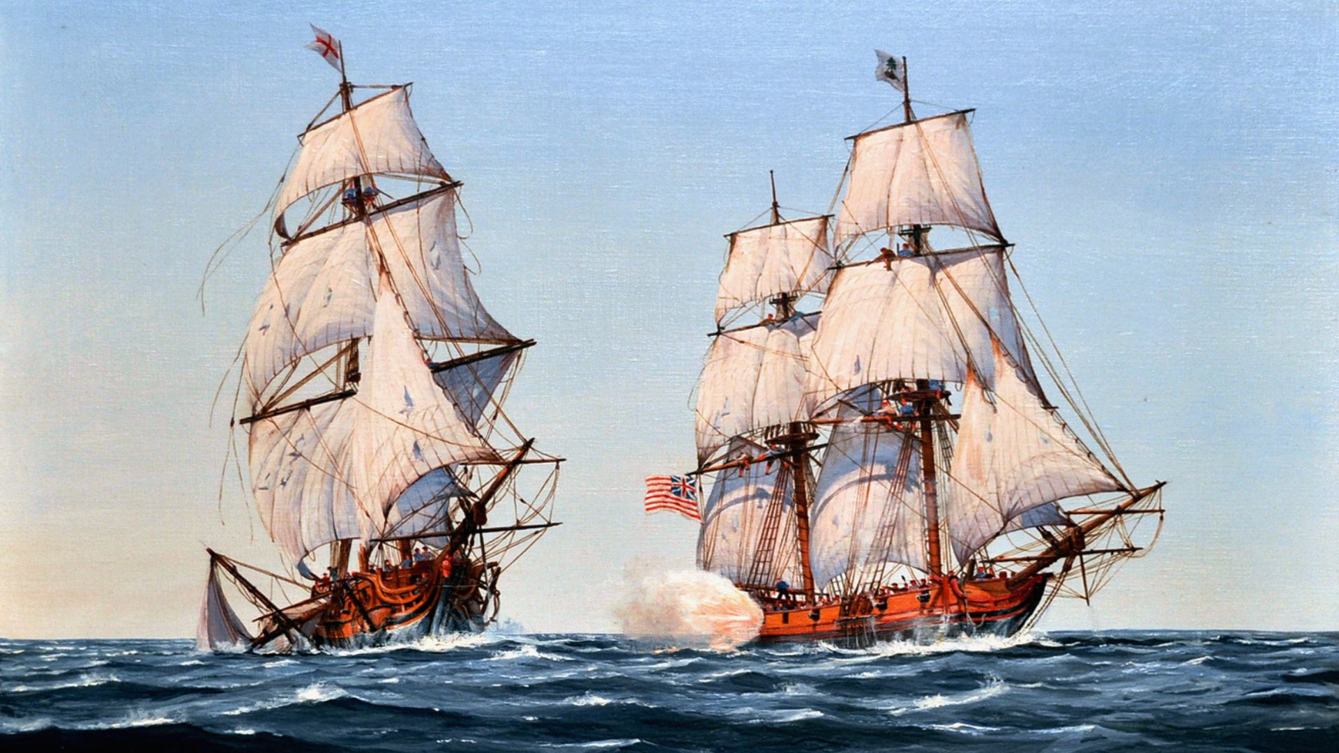 An old painting depicting a ship battle between American and British forces during the Revolutionary War.
