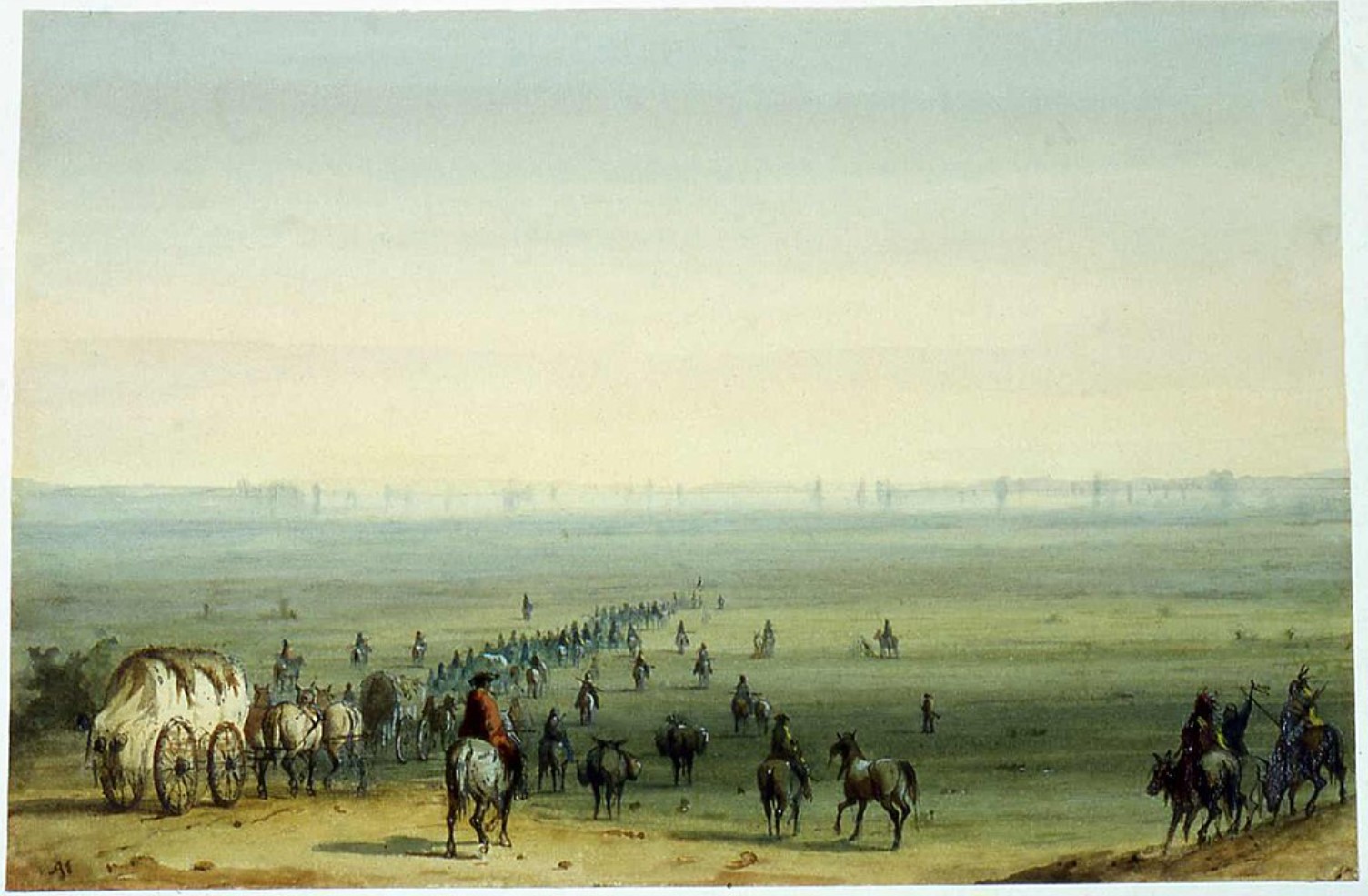 An image of several carts and numerous horses walking along the Oregon Trail