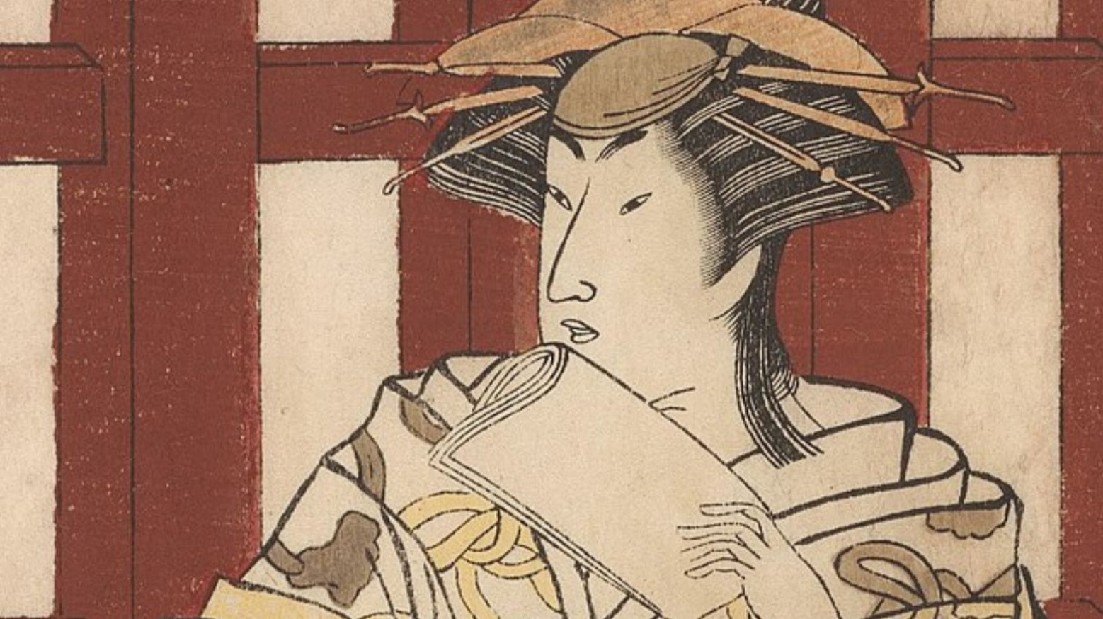 An 18th-century print of a geisha. The geisha is in a kimono and is holding pieces of paper.