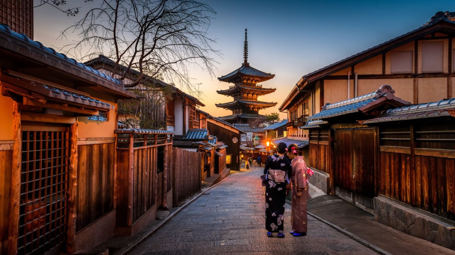 A street in Kyoto, Japan. There are two women in floral kimonos standing in the middle of the street. There are buildings on either side of the street, with a tall building that has been lit up in the background.