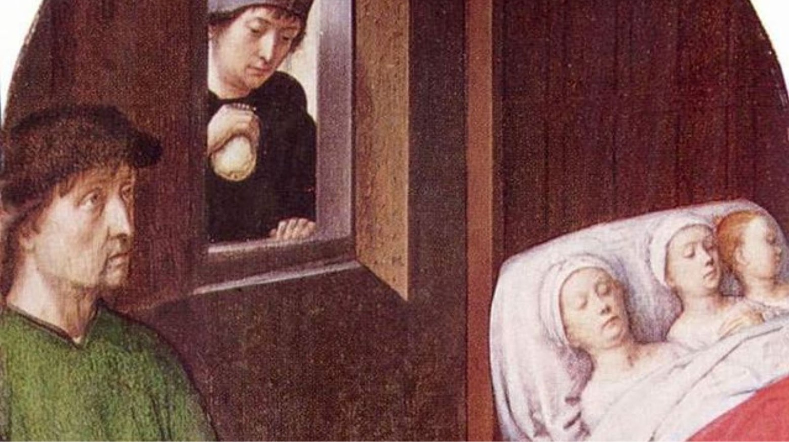 A painting of a poor family from the Middle Ages. Three children are lying in one bed, with a man sitting next to them. Another man is peering through the window.