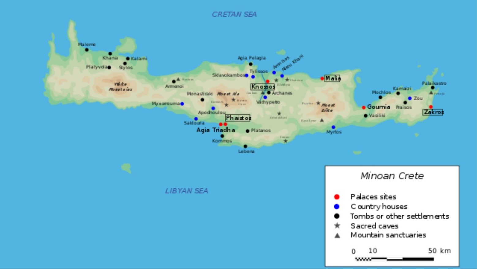 A map of the Minoan civilization in Crete. Red dots show where there are palaces, blue dots show country houses, black dots show tombs and settlements, stars show sacred caves, and triangles show mountain sanctuaries. Crete is surrounded by the Cretan and Libyan seas.