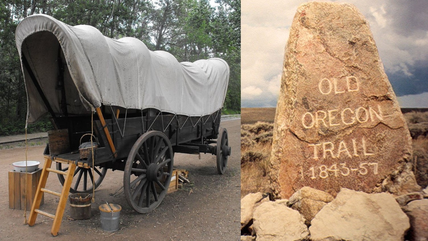 An image of a man and his cart on the Oregon Trail/An old Oregon Trail marker along the road