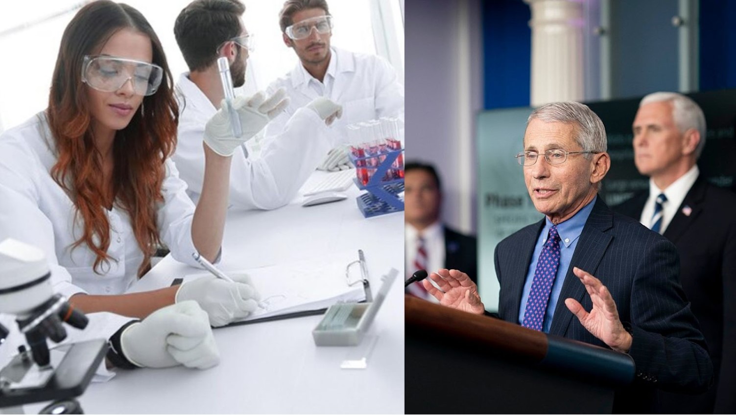 Several scientists are pictured working on research in their lab/An image of Anthony Fauci during a speech alongside Donald Trump