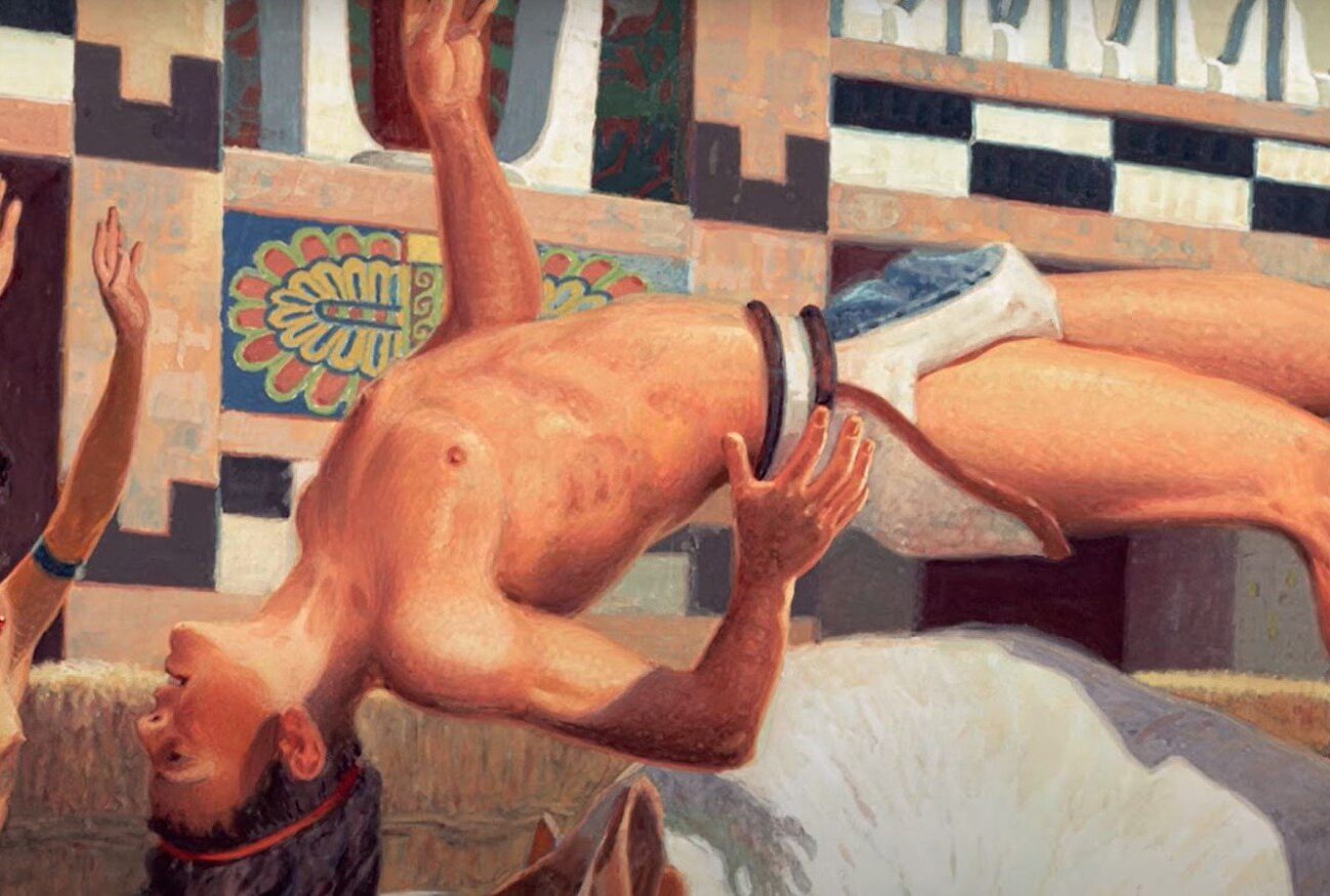 A painting depicting two Minoans jumping over a bull. One man is in the process of jumping over the bull. The other man is running up to the bull with his hands in the air.