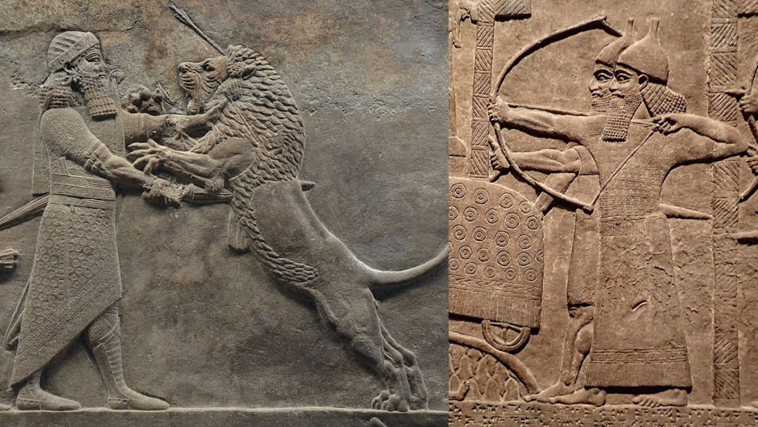 A depiction of a great Assyrian king wrestling with a lion/An image of several Assyrian soldiers during war
