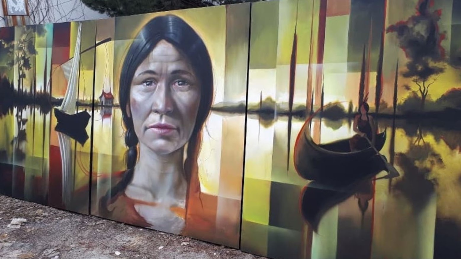 A painting of the head of Molly Brant, who was an Iroquois clan mother. The painting also includes something sitting in a boat rowing and some trees against the water.