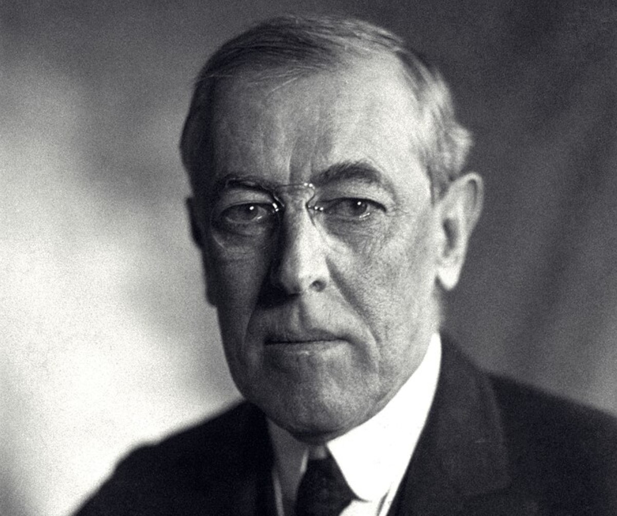 A black and white photograph of former US President Woodrow Wilson