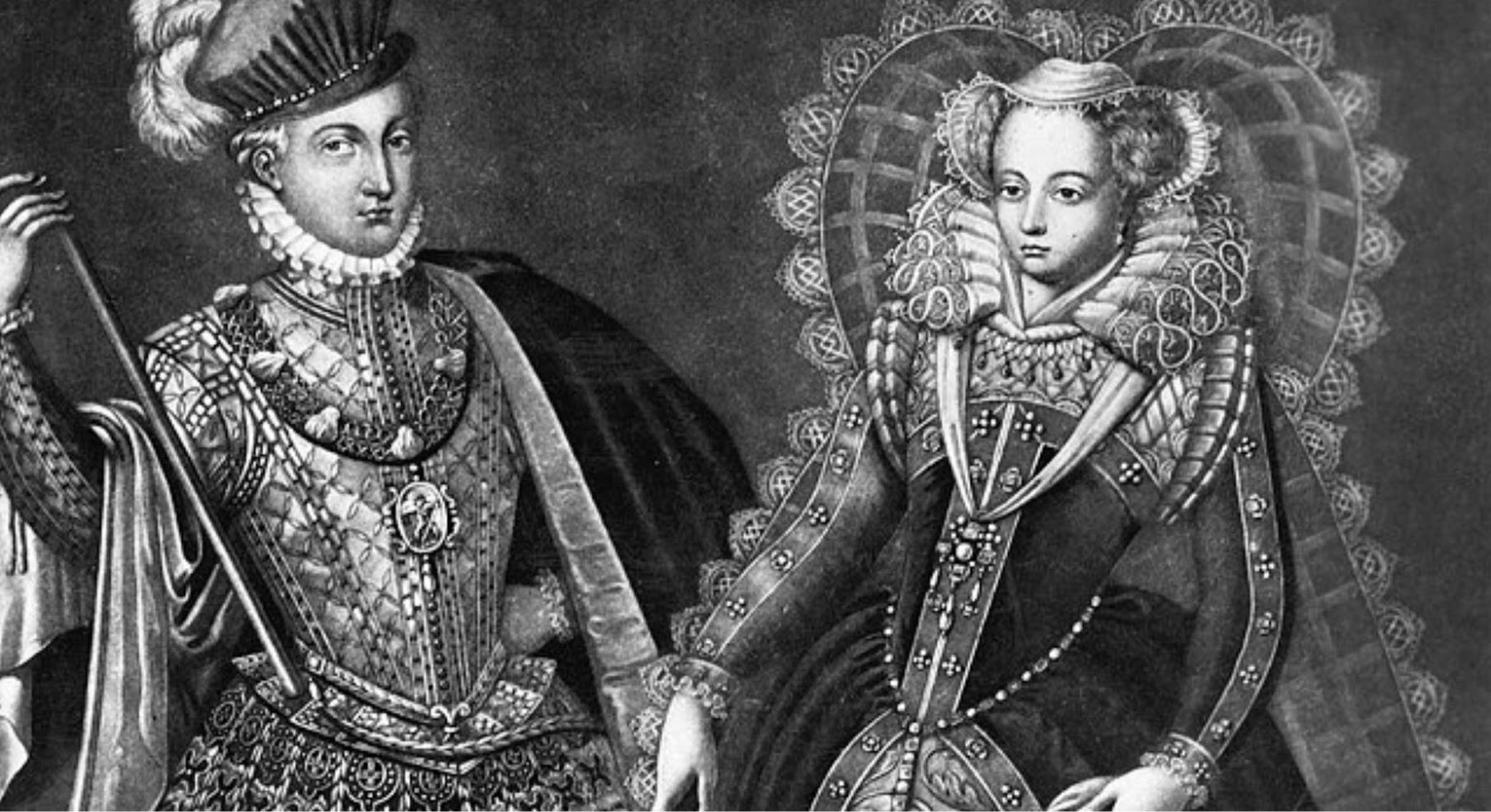 A black and white painting of Lord Darnley and Mary Queen of Scots. They are both wearing traditional Tudor dress.