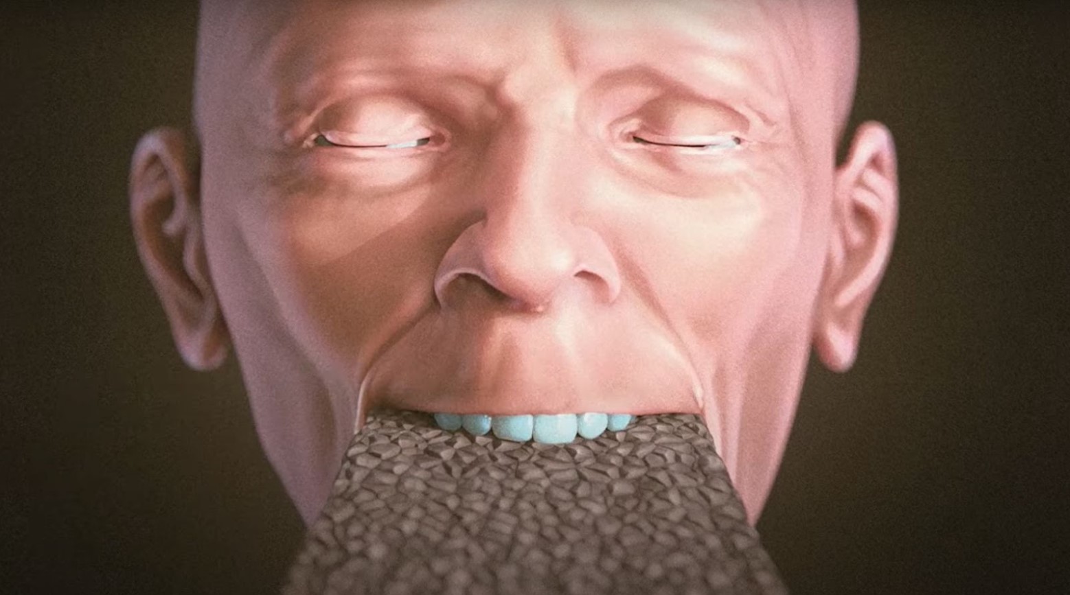 A 3D image of a person with a brick in their mouth.