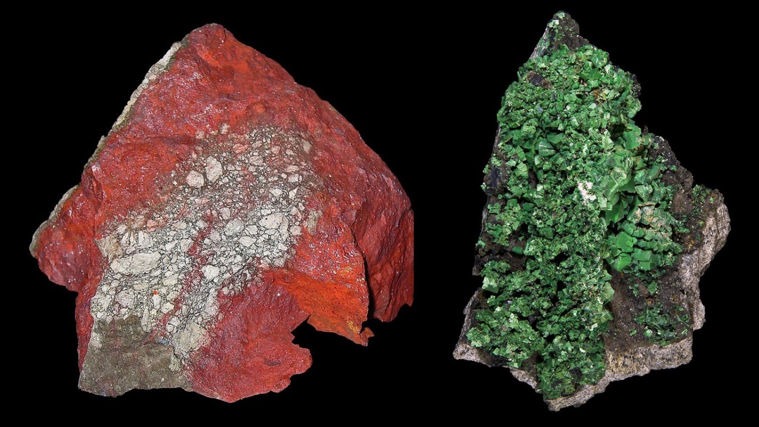 A large piece of cinnabar is pictured on display/A piece of torbernite is pictured, showing off its green color