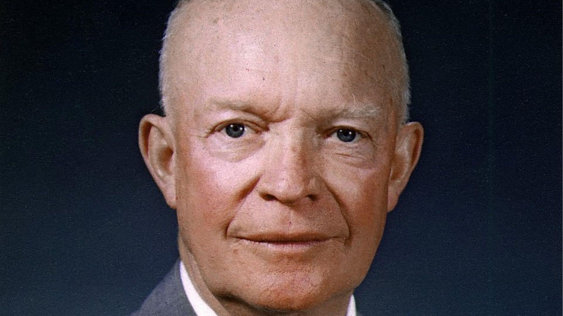 Close-up of a formal portrait of Dwight D. Eisenhower, former President of the United States