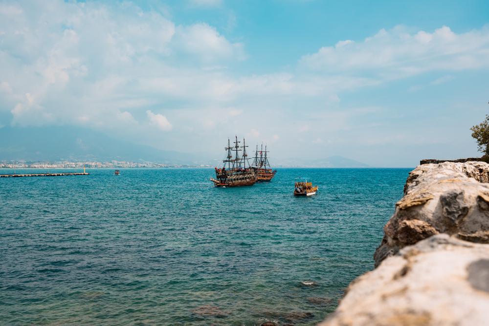 A wooden ship pictured at sea