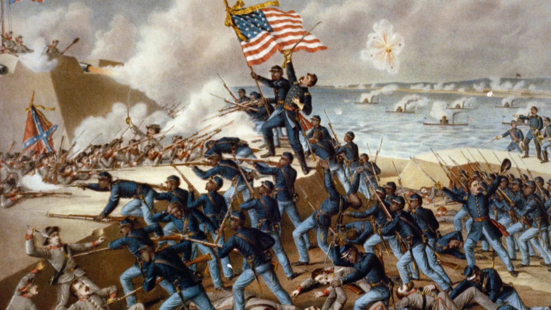An 1800s painting of the storming of Fort Wagner during the Civil War.