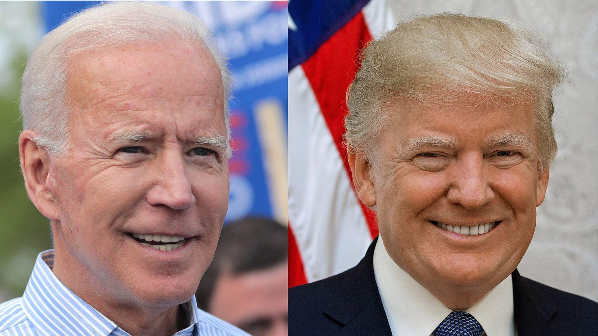 A composite image showing close-up portraits of President Joe Biden on the left and Former President Donald Trump on the right. Biden is depicted with a slight smile, wearing a blue and white striped shirt. Trump is smiling broadly, wearing a dark suit with a white shirt and blue patterned tie