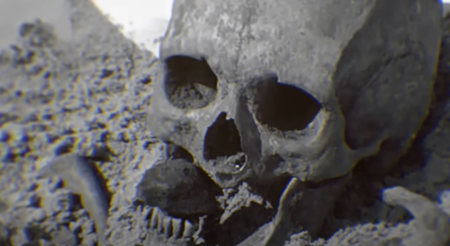 A black and white image of a skull with a rock in the mouth.