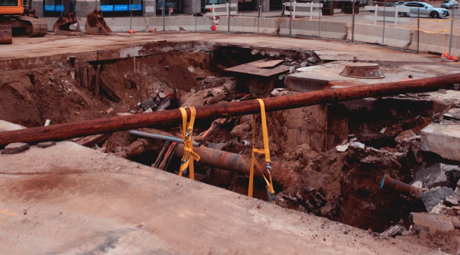 An example of some sewage construction. The road has been dug up, and a brown pipe is lying across the open hole. There are pipes in the ground and barriers surrounding the hole.