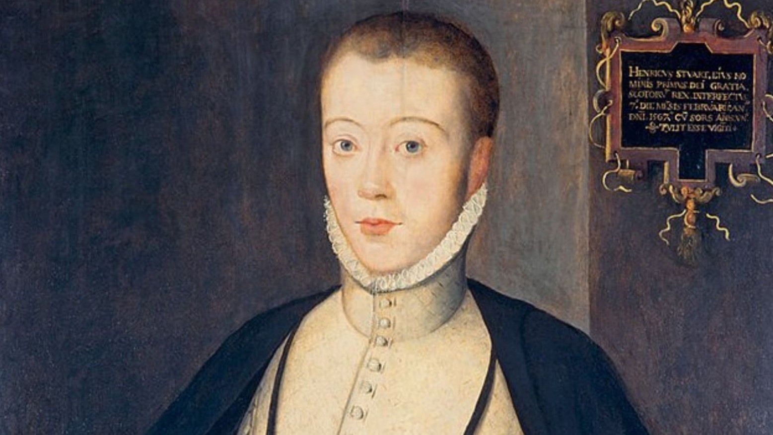 A painting of Henry Stuart, Lord Darnley. He is wearing a white shirt with a Tudor collar and a black cape.