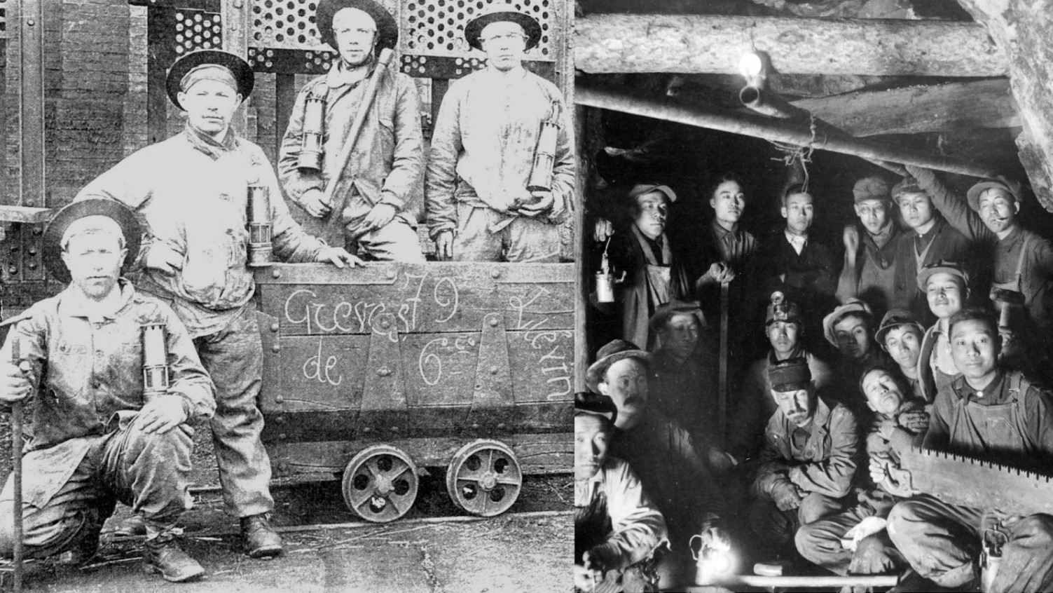 An image of several miners outside of the Courrières Mine/An image of a large number of Chinese miners underground
