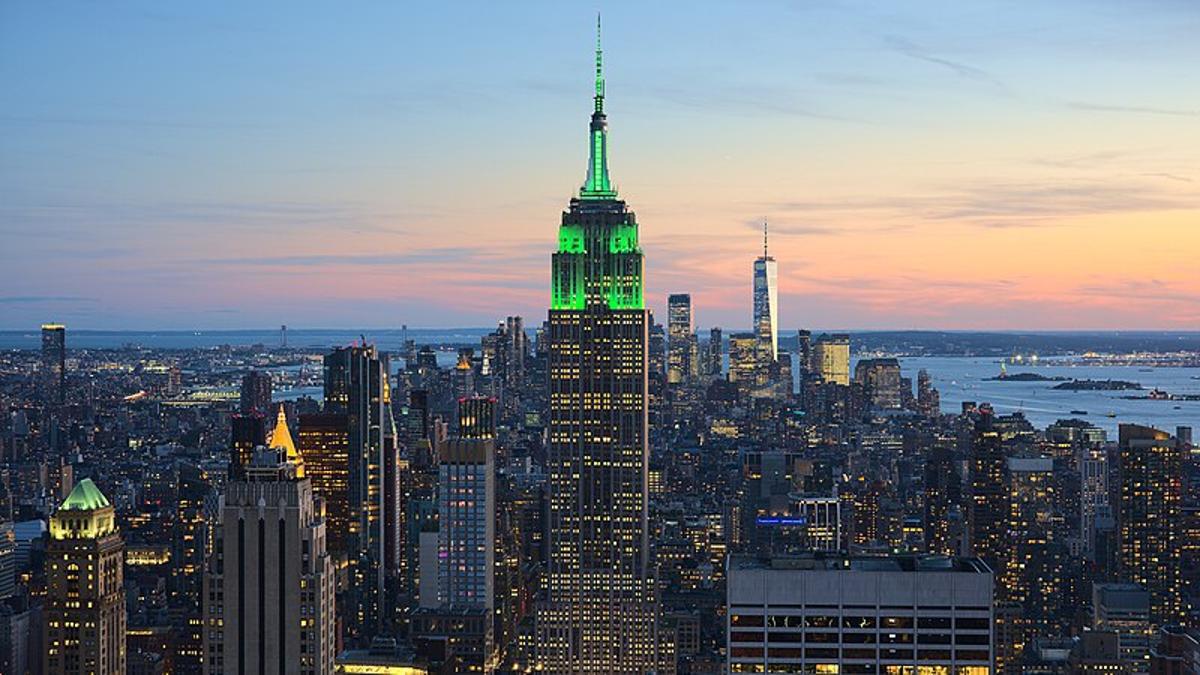 A photograph taken of New York City during dusk