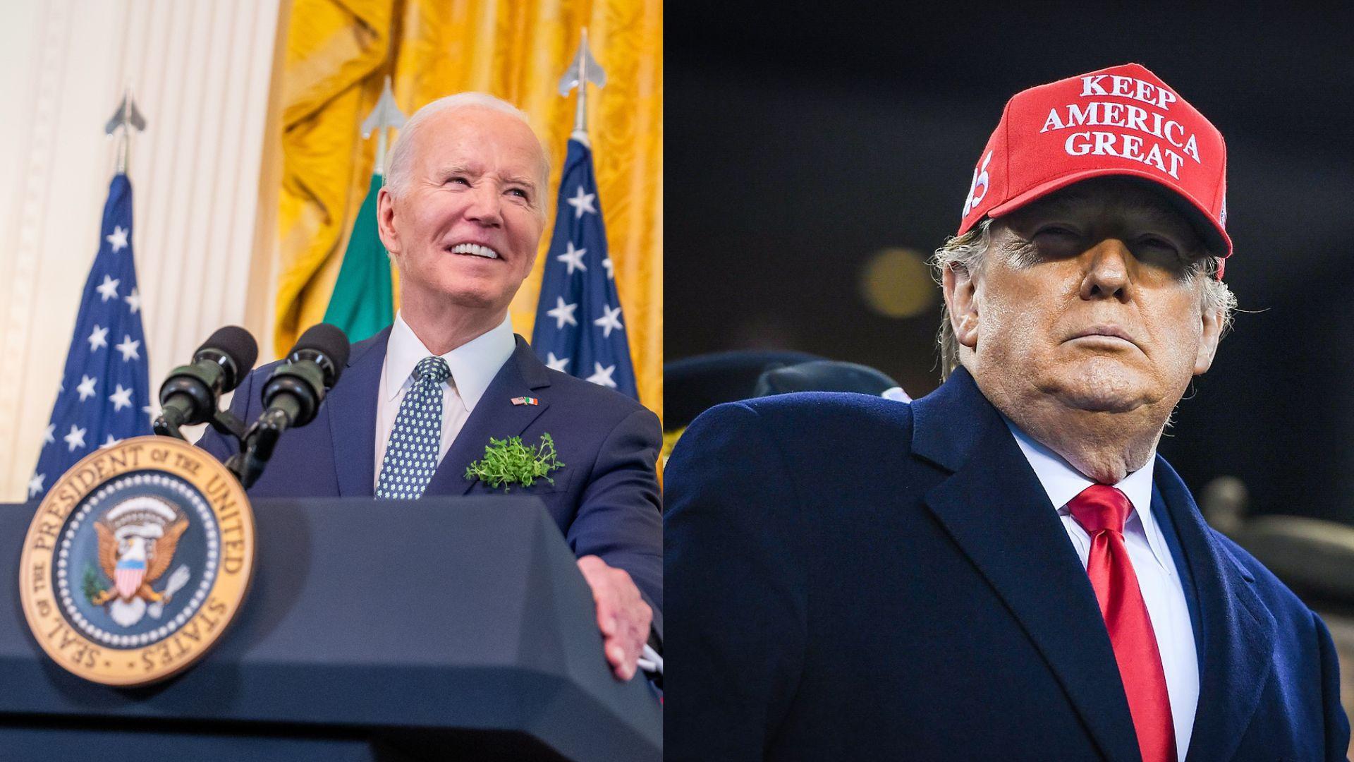 On the left, President Joe Biden is pictured smiling behind a podium with the Presidential Seal, draped in front of an American flag. On the right, former President Donald Trump is shown with a stern expression, wearing a red 'Keep America Great' cap