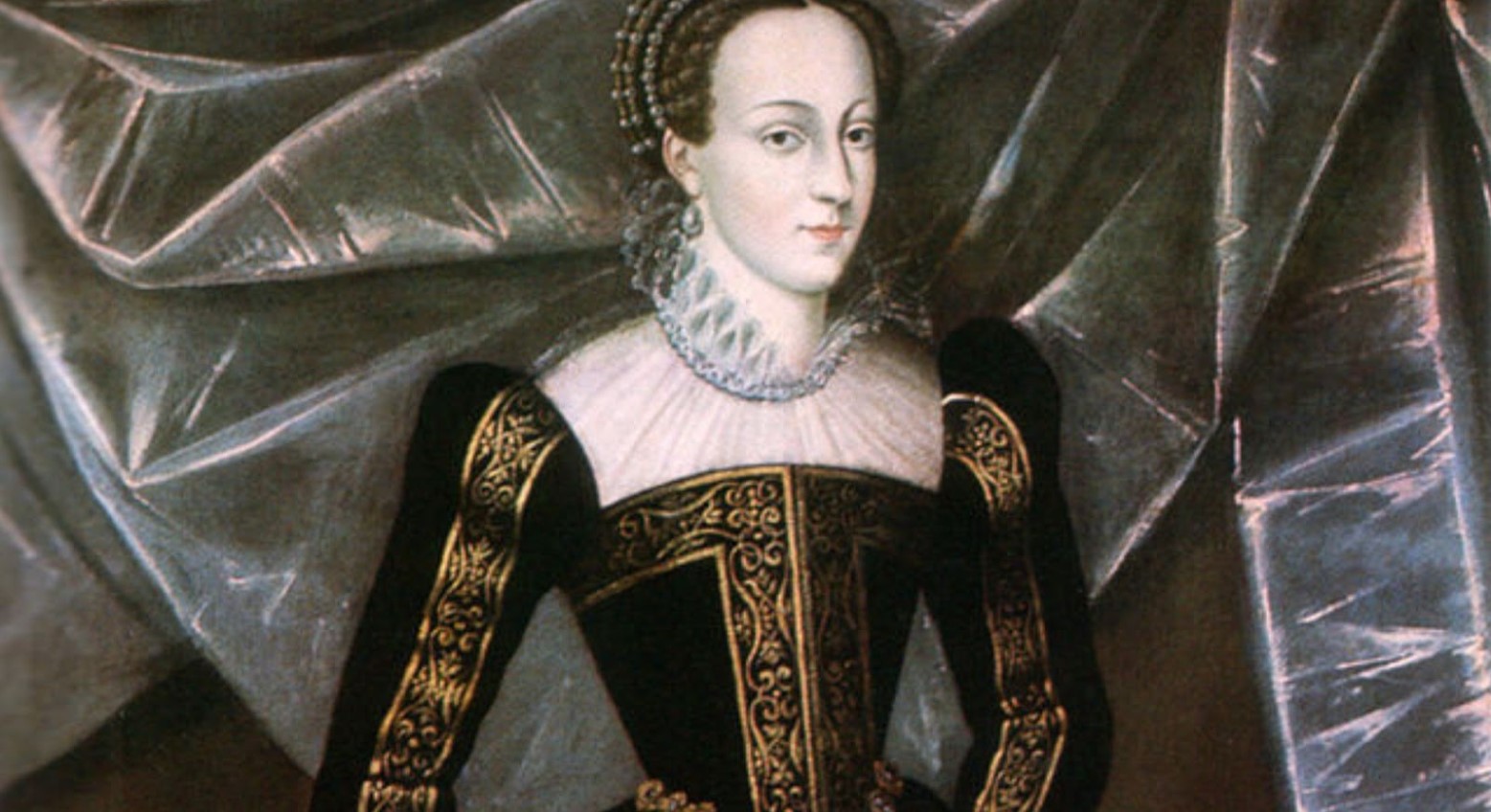 This is a portrait painting of Mary Queen of Scots. She is wearing a black and gold dress with a Tudor neckline, a pearl tiara, and earrings.