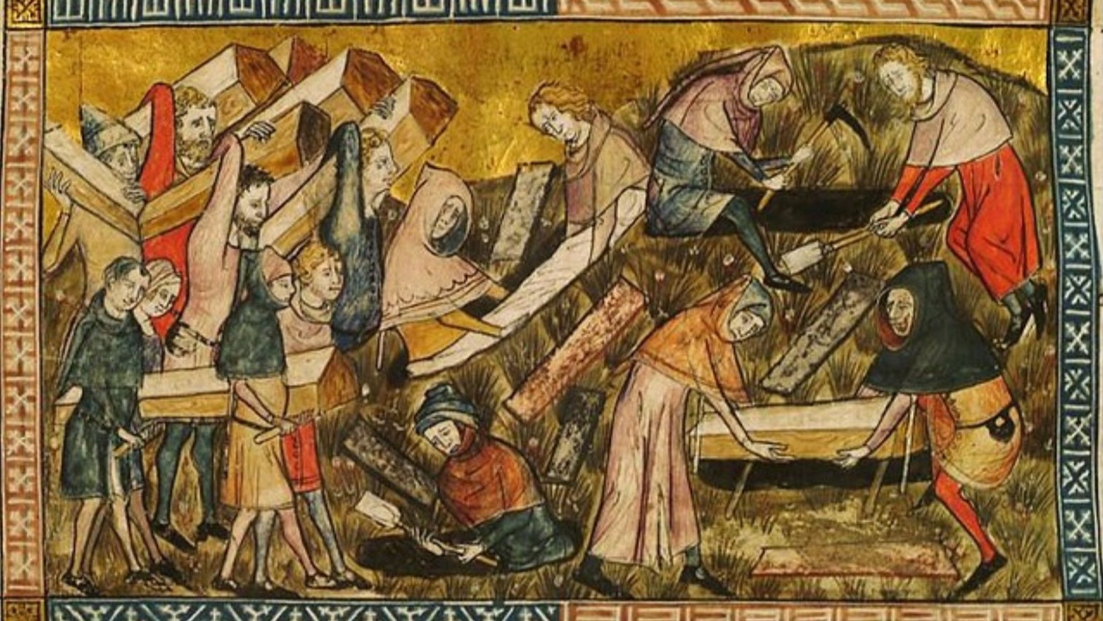 A painting of the Middle Ages depicting the plague. It shows people digging graves and putting coffins into graves.