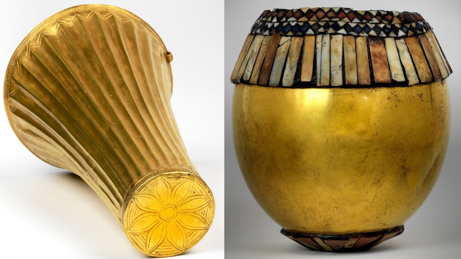 An image depicting a sizeable golden vessel from the Sumerian city of Ur/A small golden vessel that resembles an ostrich egg