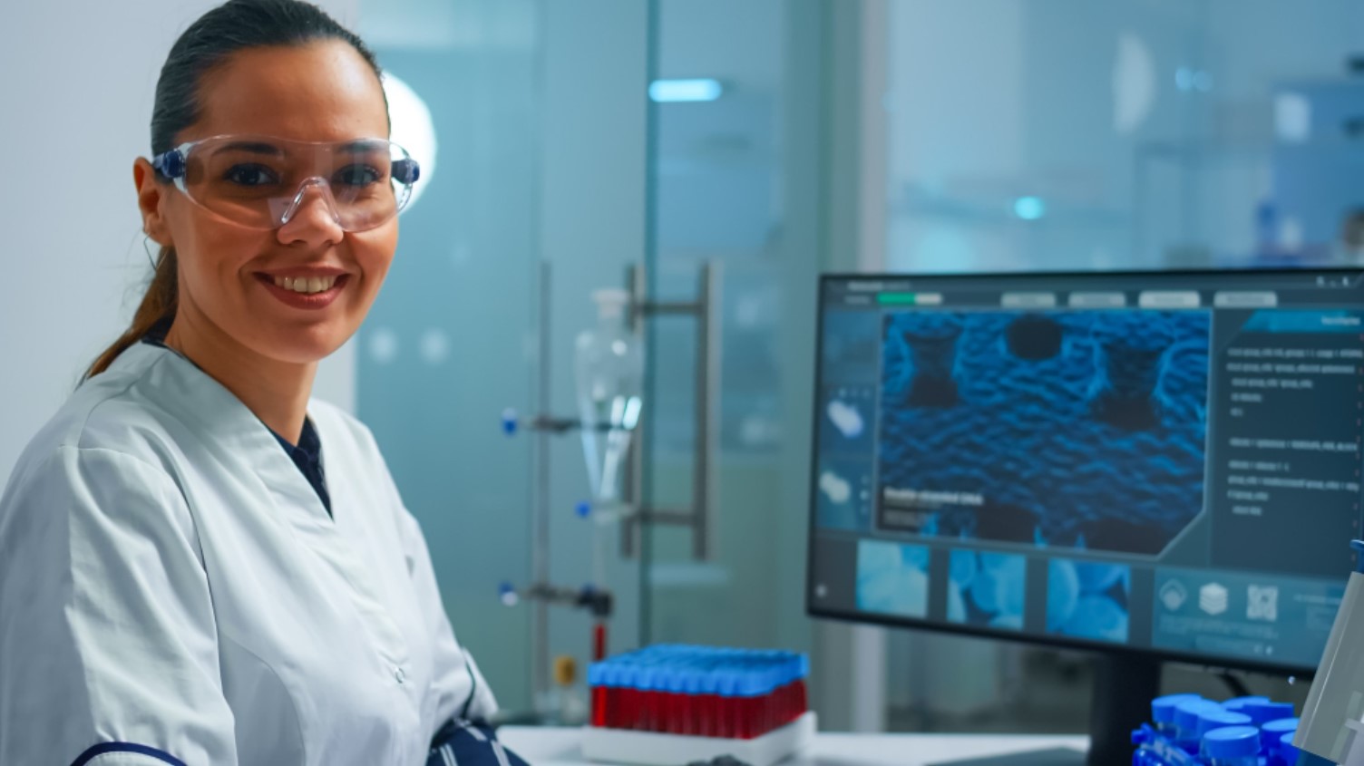 An image of a woman smiling for a photograph in her lab