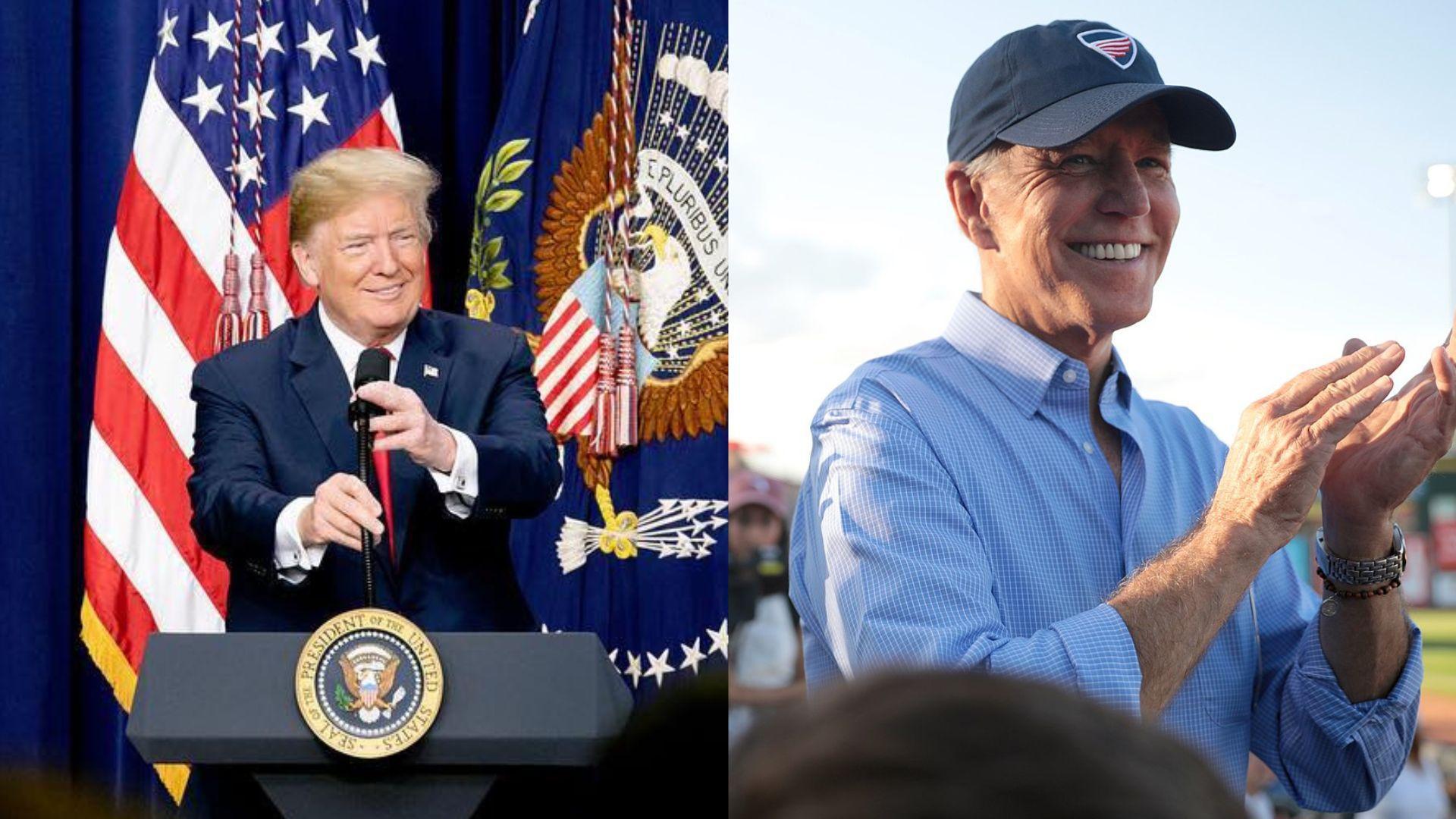 On the left, former President Donald Trump is speaking into a microphone with the Presidential Seal and the American flag in the background. On the right, President Joe Biden is clapping and smiling, wearing a blue checkered shirt and a navy blue cap