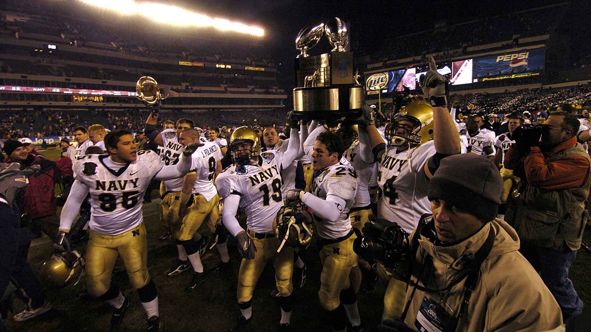 Navy celebrates after winning the 2005 Army–Navy Game on December 3, 2005.
