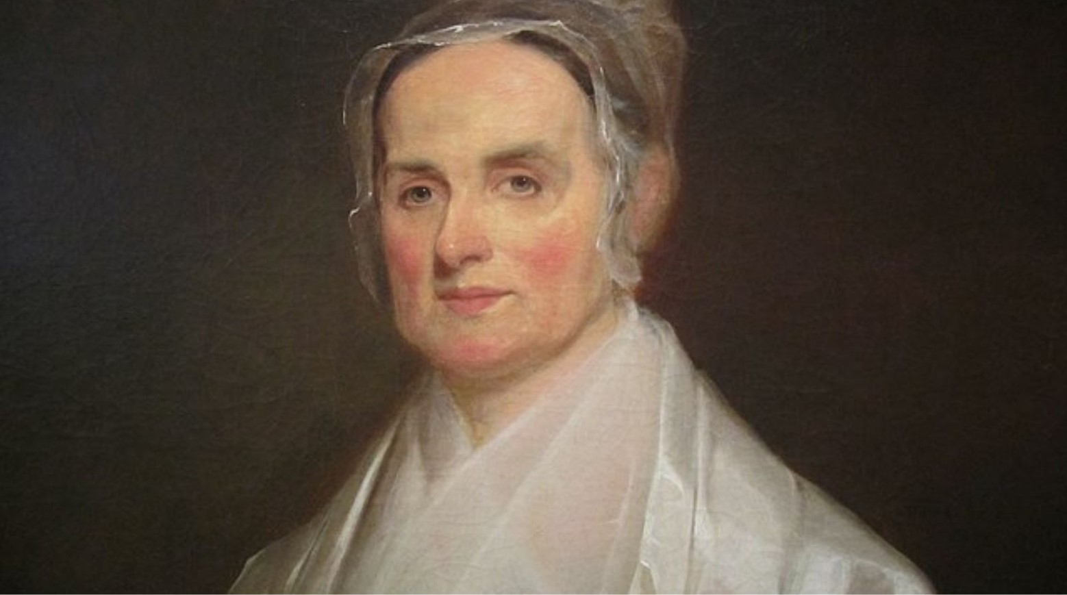 A painting of Lucretia Mott. She is wearing white clothes and has a sheer bonnet covering her hair.