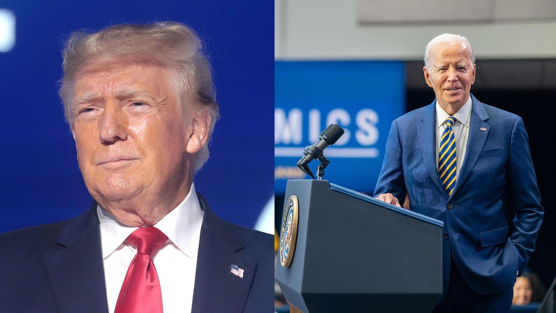 A split-image with former President Donald Trump on the left side, gazing into the distance with a serious expression, wearing a dark suit and a bright red tie. On the right side, President Joe Biden stands at a podium, smiling warmly, dressed in a blue suit with a blue and yellow striped tie