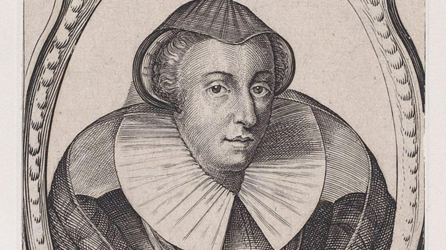 This is a black-and-white print of Mary Queen of Scots. She is wearing a headdress and a Tudor collar.