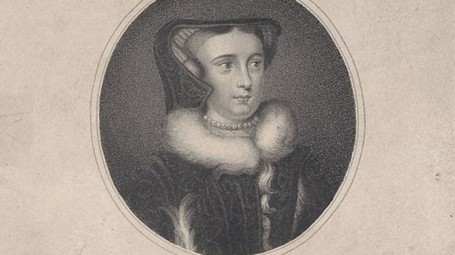 This is a black-and-white drawing of Mary Queen of Scots. She is wearing a headdress, dress, and pearl necklace.