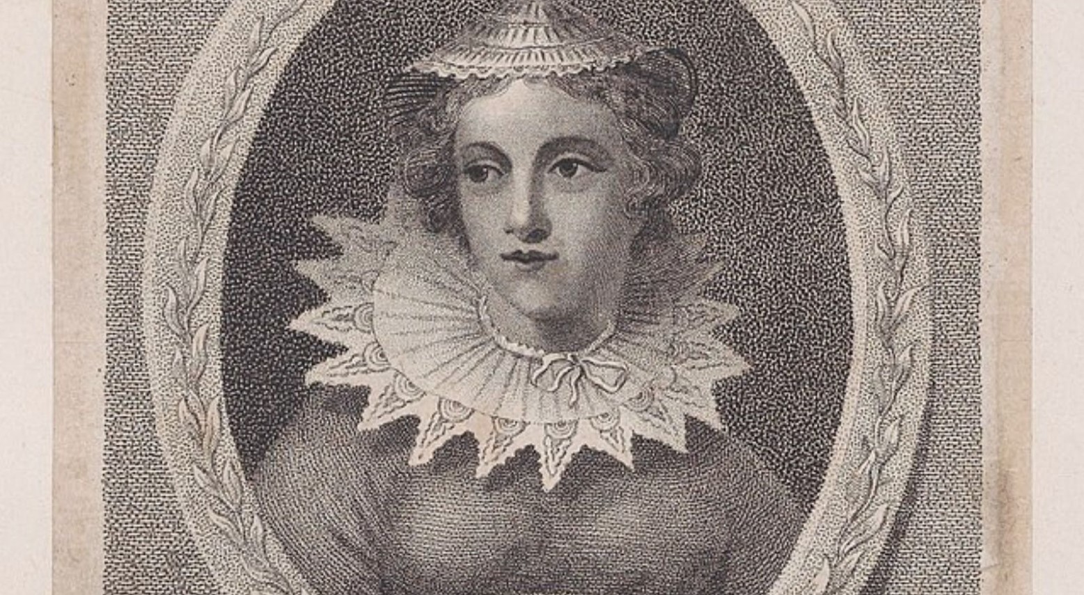 This is a black-and-white print of Mary Queen of Scots. She is wearing a white headdress and a traditional Tudor collar.
